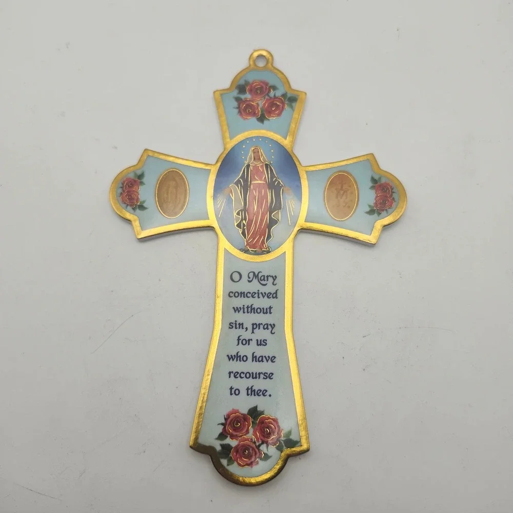 Our Lady Miraculous Medal Catholic Virgin Mary Roses Prayer Wall Cross Decor